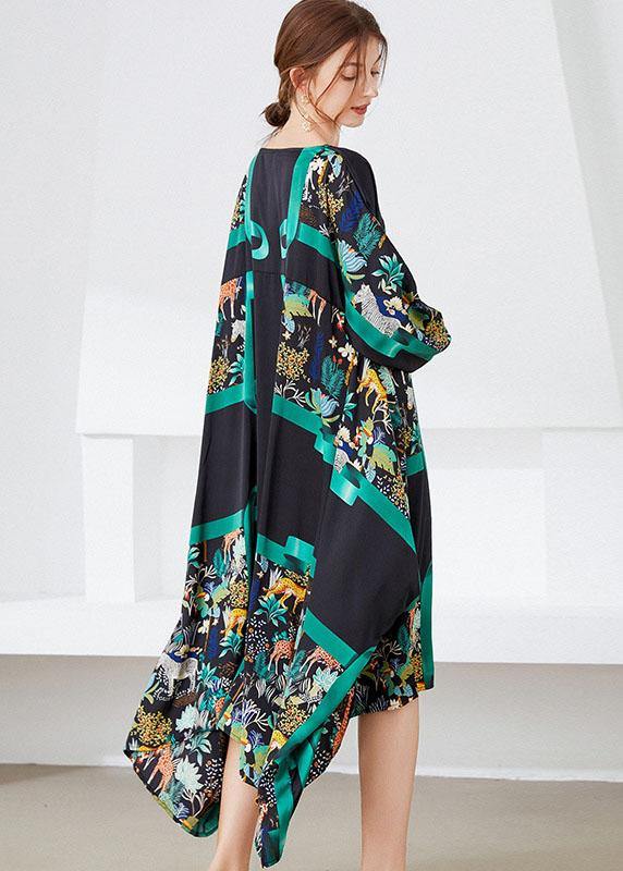 Vintage Black Green V Neck Print Fall Long Dresses - bagstylebliss