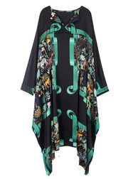 Vintage Black Green V Neck Print Fall Long Dresses - bagstylebliss