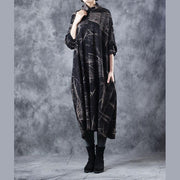 Vintage Black High Neck Cotton Base Baggy Dresses For Women