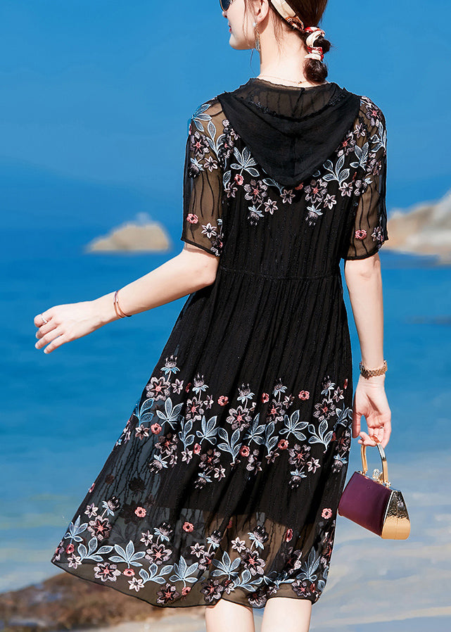 Vintage Black Hooded Embroideried 2024 Silk Holiday Dress Short Sleeve