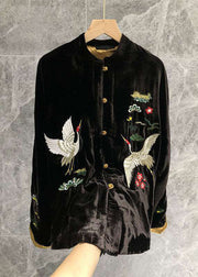 Vintage Black Mandarin Collar Embroidered Velour Coats Long Sleeve