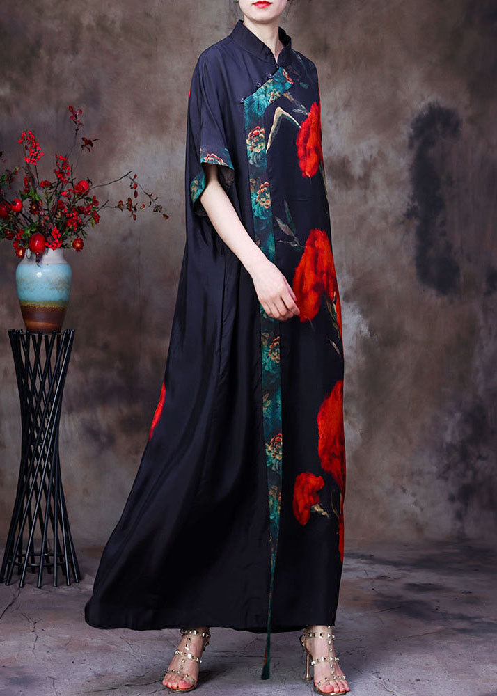 Vintage Black Mandarin Collar Floral Print Silk Long Dress For Wemon Short Sleeve