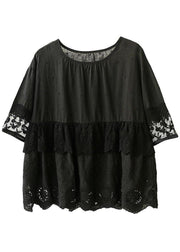 Vintage Black O-Neck Lace Patchwork Fall Half Sleeve Blouse Tops - bagstylebliss