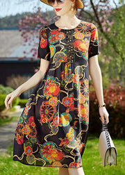 Vintage Black O-Neck Print Wrinkled Silk Mid Dresses Short Sleeve