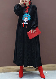 Vintage Black Oriental Velour Long Dresses Spring