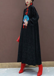 Vintage Black Oriental Velour Long Dresses Spring