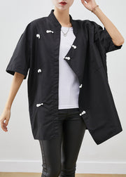 Vintage Black Oversized Chinese Style Cotton Shirt Short Sleeve