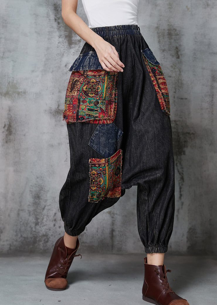 Vintage Black Oversized Patchwork Denim Harem Pants Spring