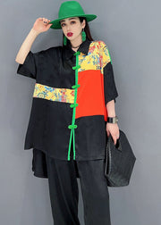 Vintage Black Patchwork Low High Design Jacquard Silk Two Pieces Set Summer