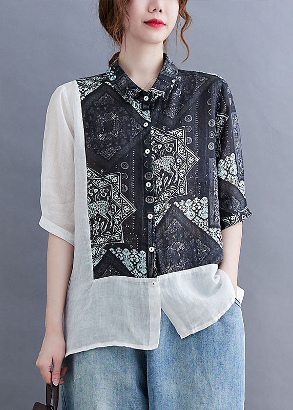 Vintage Black Peter Pan Collar Button Patchwork Print Fall Shirt Half Sleeve