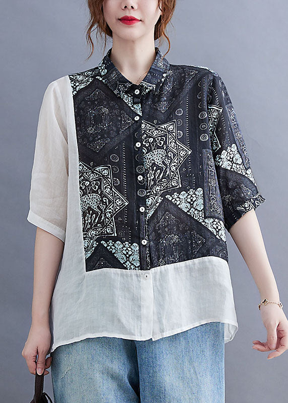 Vintage Black Peter Pan Collar Button Patchwork Print Fall Shirt Half Sleeve