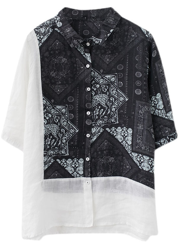 Vintage Black Peter Pan Collar Button Patchwork Print Fall Shirt Half Sleeve