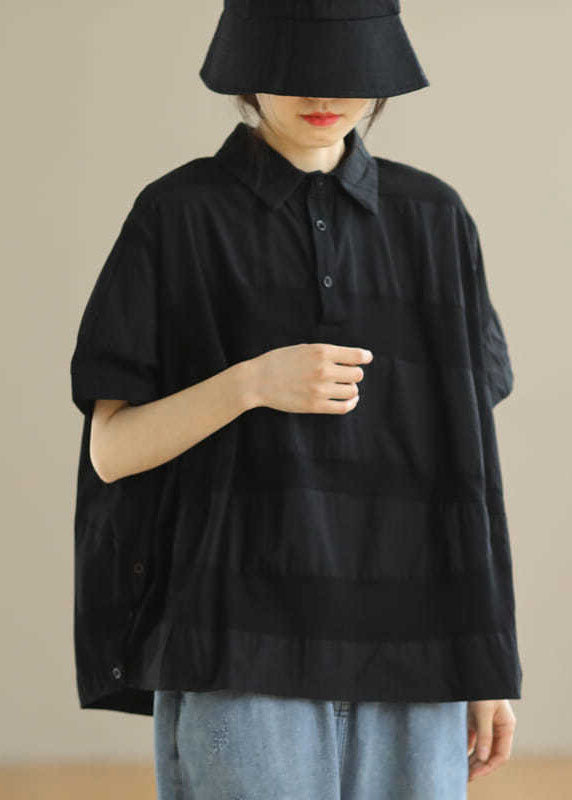 Vintage Black PeterPan Collar Button Loose Fall Shirts Half Sleeve