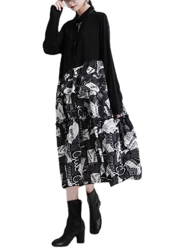 Vintage Black PeterPan Collar Patchwork asymmetrical design Ruffled Fall Dress Long sleeve