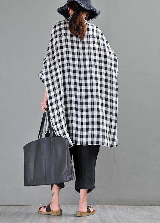 Vintage Black Plaid Batwing Sleeve Linen Top Summer - bagstylebliss