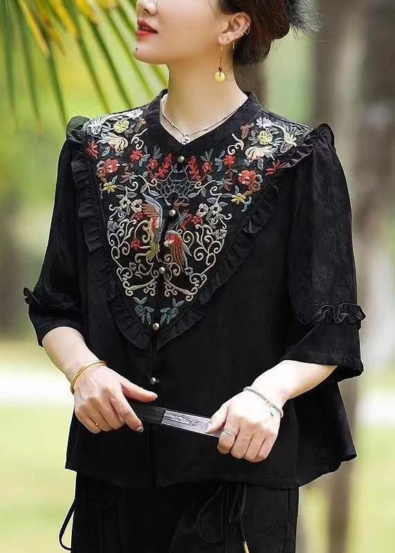 Vintage Black Ruffled Embroidered Patchwork Silk Tops Half Sleeve