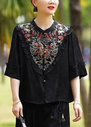 Vintage Black Ruffled Embroidered Patchwork Silk Tops Half Sleeve