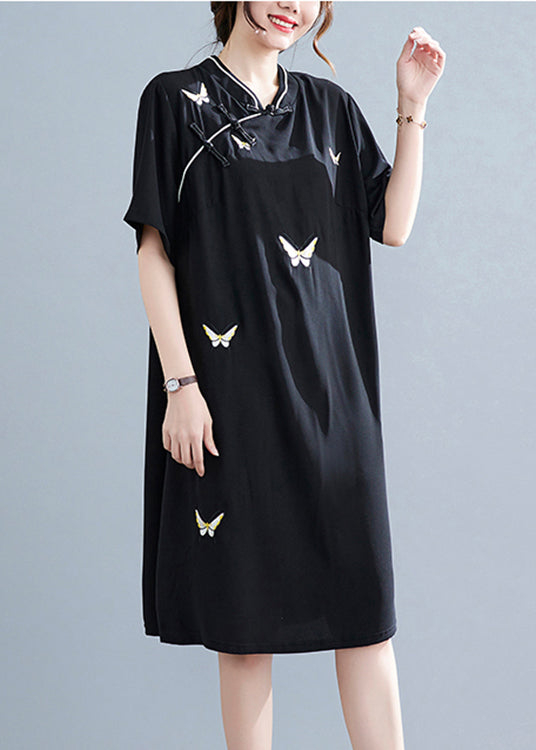 Vintage Black Stand Collar Button Butterfly Embroideried Cheongsam Dresses Short Sleeve