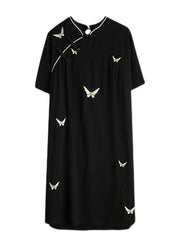 Vintage Black Stand Collar Button Butterfly Embroideried Cheongsam Dresses Short Sleeve