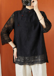 Vintage Black Stand Collar Embroideried Hollow Out Tops Half Sleeve