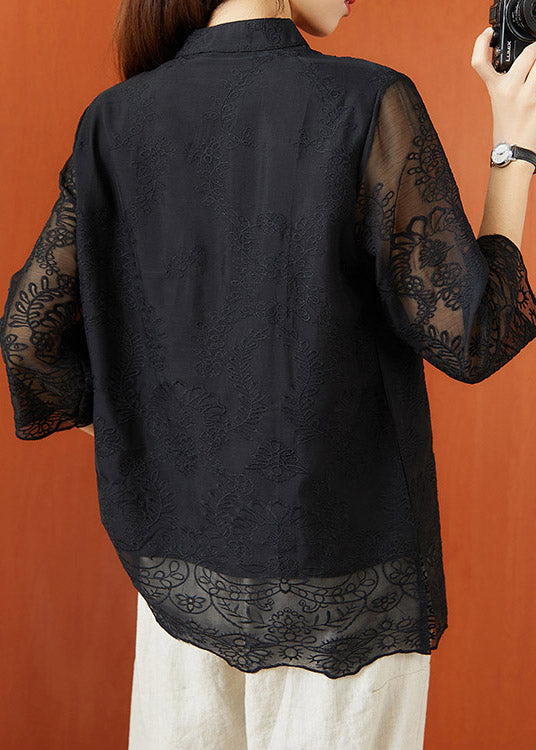 Vintage Black Stand Collar Embroideried Hollow Out Tops Half Sleeve