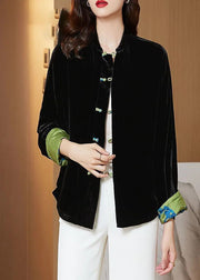 Vintage Black Stand Collar Oriental Button Warm Silk Velour Coats Winter