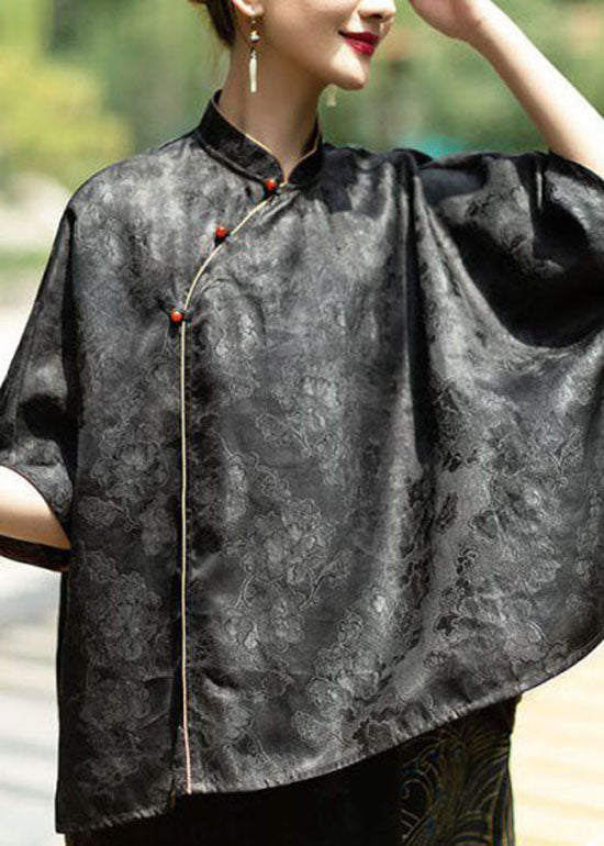 Vintage Black Stand Collar low high design Jacquard Silk Tops Batwing Sleeve