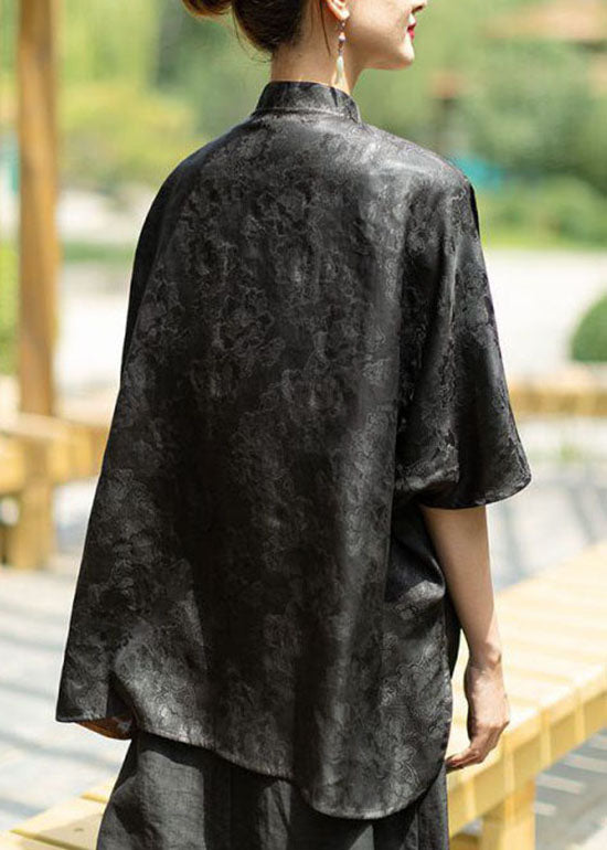 Vintage Black Stand Collar low high design Jacquard Silk Tops Batwing Sleeve