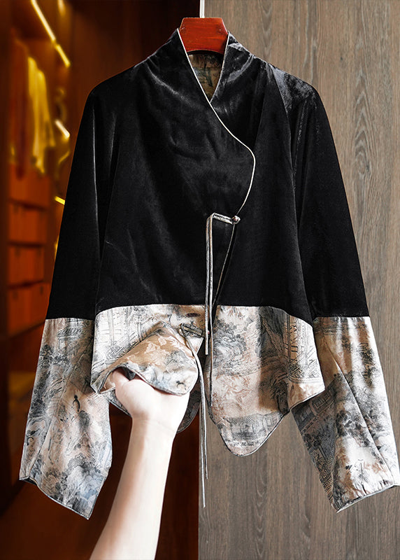 Vintage Black Tasseled Print Patchwork Silk Velour Coats Fall