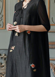 Vintage Black V Neck Embroidered Patchwork Silk Dress Summer