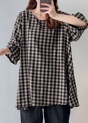 Vintage Black White Plaid Oversized Linen Long Tops Half Sleeve