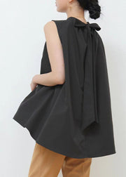 Vintage Black Wrinkled Patchwork Bow Cotton Blouses Sleeveless