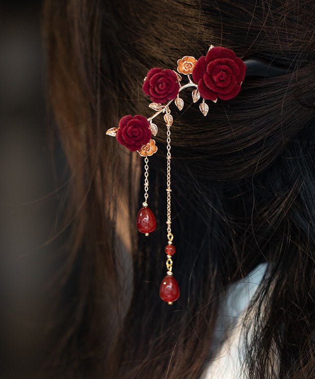 Vintage Black Xylogen Gem Stone Rose Tassel Hairpin