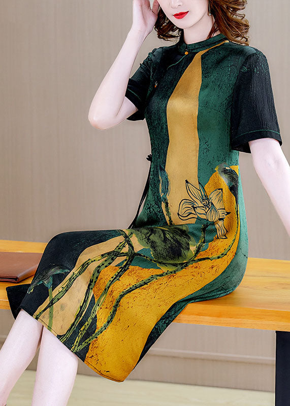 Vintage Blackish Green Stand Collar Print Silk Cheongsam Dress Short Sleeve