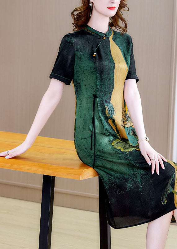 Vintage Blackish Green Stand Collar Print Silk Cheongsam Dress Short Sleeve