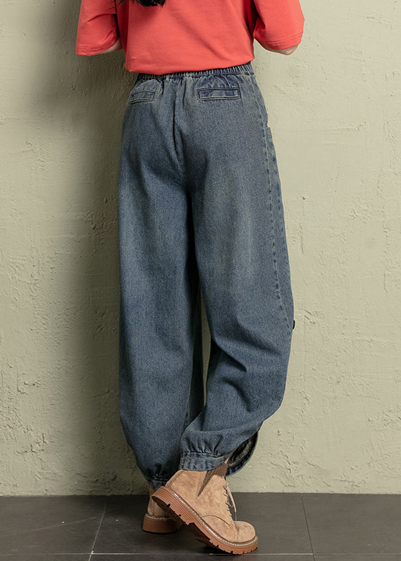 Vintage Blue Button Pockets Elastic Waist jeans Spring