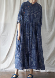 Vintage Blue Cinched Print Cotton Maxi Dress Half Sleeve