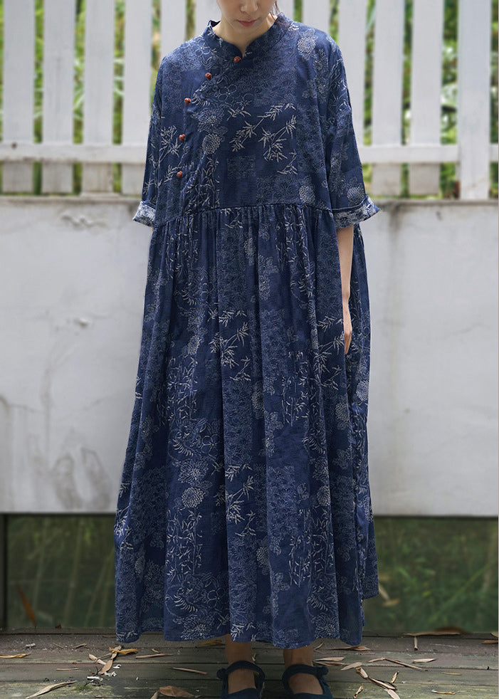 Vintage Blue Cinched Print Cotton Maxi Dress Half Sleeve