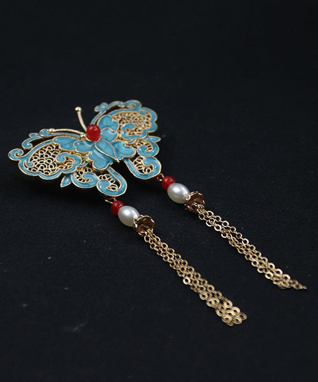 Vintage Blue Copper Overgild Pearl Butterfly Tassel Brooches