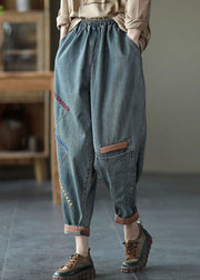 Vintage Blue Elastic Waist Asymmetrical Design Embroideried Cotton Jeans Spring