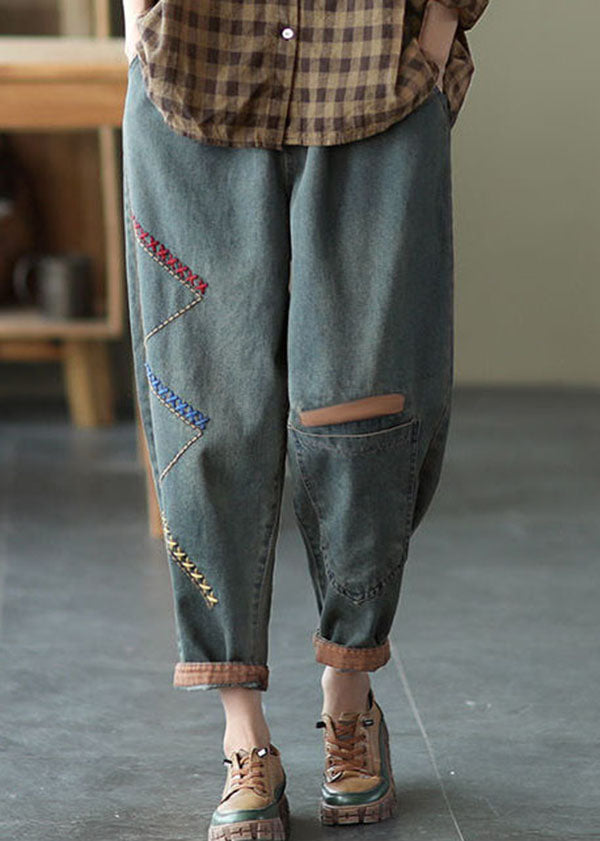 Vintage Blue Elastic Waist Asymmetrical Design Embroideried Cotton Jeans Spring