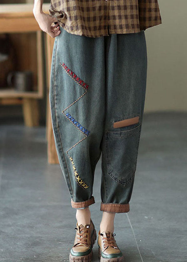 Vintage Blue Elastic Waist Asymmetrical Design Embroideried Cotton Jeans Spring