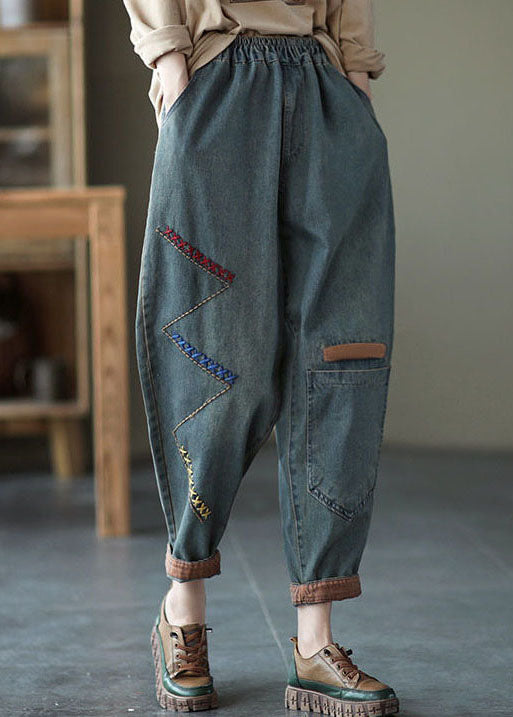 Vintage Blue Elastic Waist Asymmetrical Design Embroideried Cotton Jeans Spring