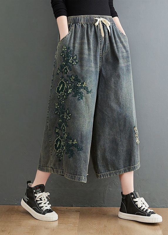 Vintage Blue Elastic Waist Drawstring Embroideried Pockets Cotton Denim Crop Pants Summer