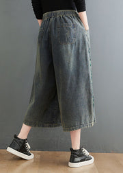 Vintage Blue Elastic Waist Drawstring Embroideried Pockets Cotton Denim Crop Pants Summer