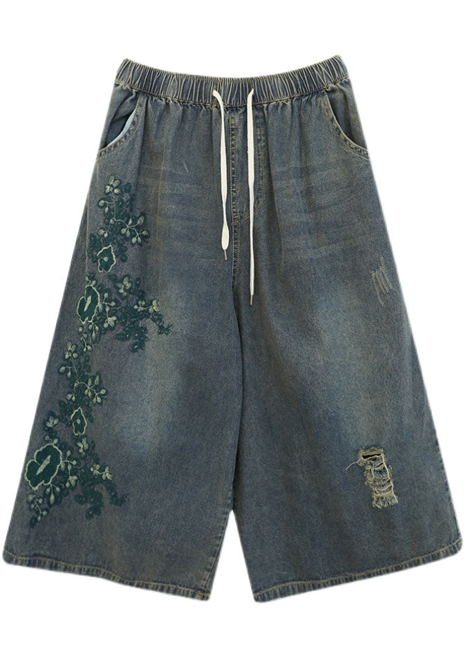 Vintage Blue Elastic Waist Drawstring Embroideried Pockets Cotton Denim Crop Pants Summer