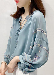 Vintage Blue Embroidered V Neck Chiffon Shirt Top Three Quarter sleeve