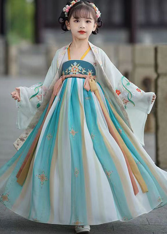 Vintage Blue Embroidered Wrinkled Patchwork Chiffon Kids Girls Long Dresses Summer