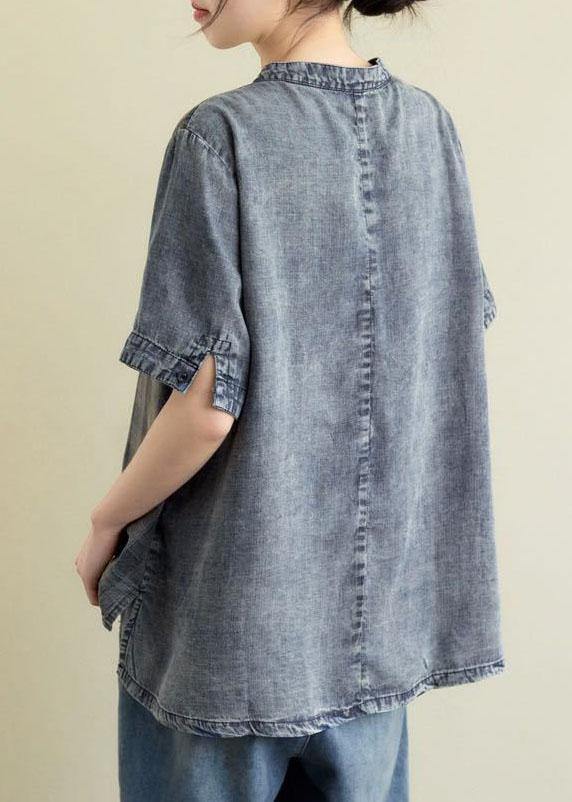 Vintage Blue Grey Denim Plaid Patchwork Summer Tops Short Sleeve - bagstylebliss