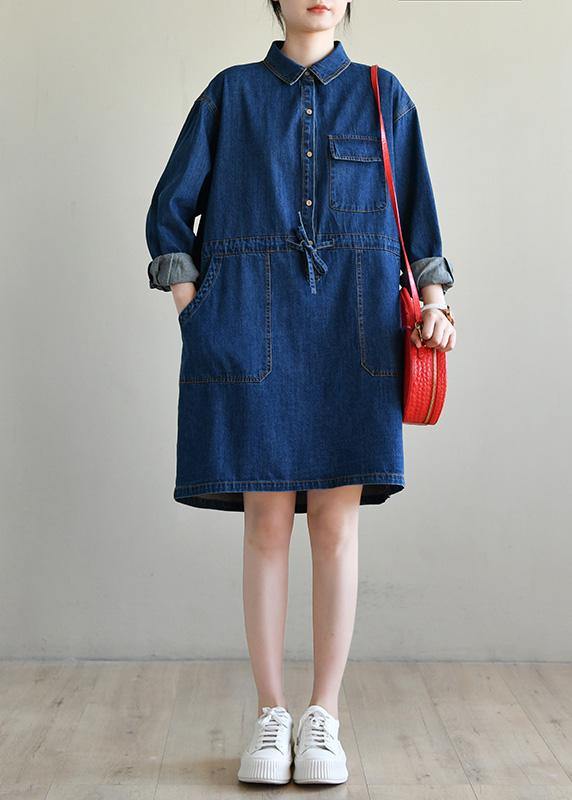 Vintage Blue Long sleeve Cotton Spring Dress - bagstylebliss